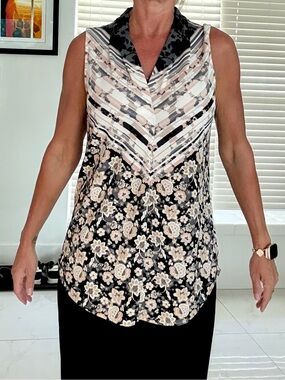 Calvin Klein Avery Floral Stripe V-Neck Sleeveless Top in Black and Cream